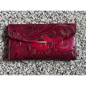 Handmade in Mexico Hand Tooled Leather Long Wallet. New! Red. Western